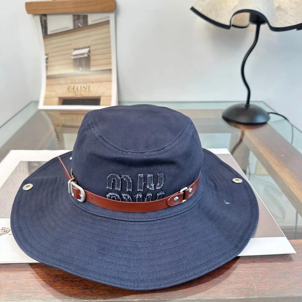 Miu Miu Navy Leather Strap Embroidered Wide Brim Bucket Hat